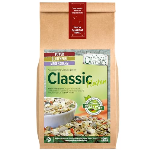 ORIGINAL LECKERLIES Classic-Flocken-Mix, 1 kg magenfreundlich, Hundeflocken mit Gemüse und wertvollen Sonnen- und Kürbiskernen, Haferflocken, Barf Zusatz Hund Hundefutter – Naturprodukt für Hunde