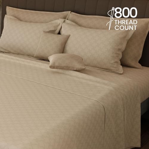 Image of BOUTIQUE LIVING Platinum Pulse Manchester 100% Cotton 800 TC Beige Geometrical King Bedding Set