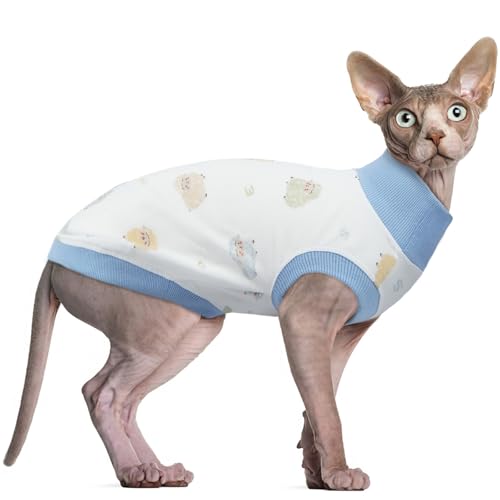QBLEEV Sphynx Cat Clothes, Stretchy Hairless Cat Shirts, Cotton Pet Vest with Cute Print - Soft Turtleneck Kitten Sweaters for Cornish, Pullover Devon Rex Outfit Clothing for Indoor and Outdoor Wear