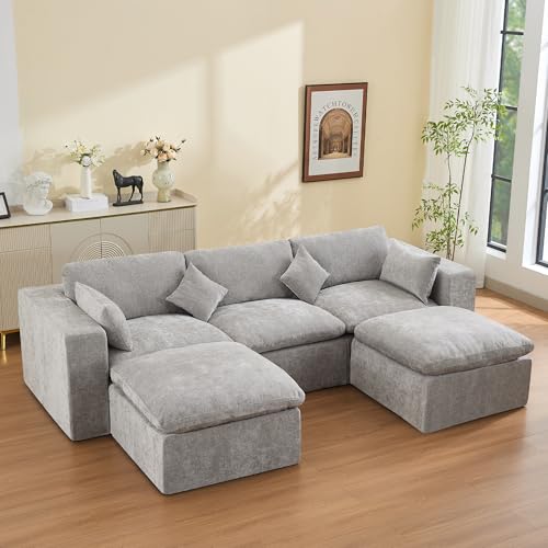 Image of 115'' Cloud Boneless Sectional Couch, Modular Sectional Sofa Deep Seat with 2 Ottomans, Oversized Upholstered Convertible Comfy 5 Seater Chenille Sofa U Shape Couches for Living Room, Light Grey