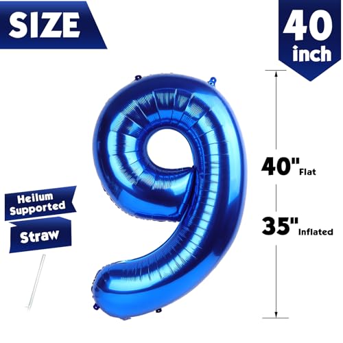 Image of 40 Inch Navy Blue Number 9 Balloon, 9th Blue Birthday Party Decorations | 40 Inch Navy Blue inflatable foil number balloons, large birthday decorations for 9th birthday