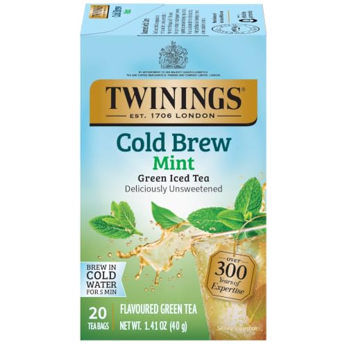 Twinings Cold Brewed Iced Tea - Mint Flavored Green Tea with Peppermint Leaves, Caffeinated Green and Black Tea Extracts, Unsweetened Cold Brew Tea Bags Individually Wrapped, 20 Count