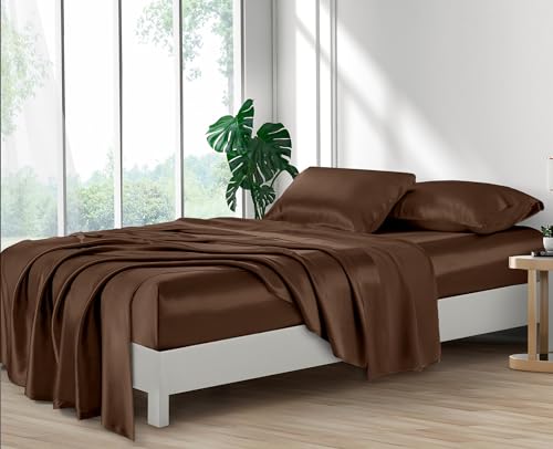 Image of Lanest Housing Silk Satin Sheets, Twin XL Size Satin Bed Sheet Set with Deep Pockets, Cooling Soft and Hypoallergenic Satin Sheets Twin XL - Brown