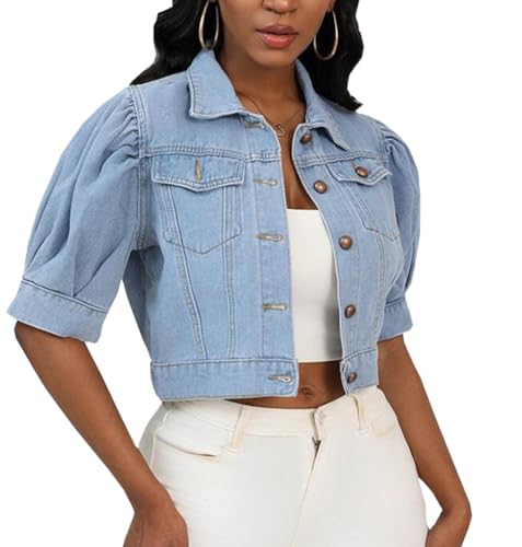 Women Solid Color Puffed Sleeves Cropped Short Denim Jacket Short Sleeve Button Down Jean Outerwear Coat