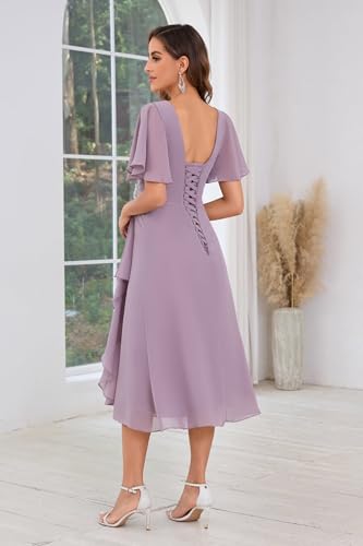 VGZ Tea Length Mother of The Bride Dresses for Wedding Chiffon Ruffle Sleeve Mother of The Groom Dress2