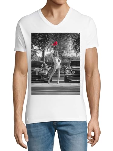 T-shirt col en V coton homme blanc Street Race Girl style urbain