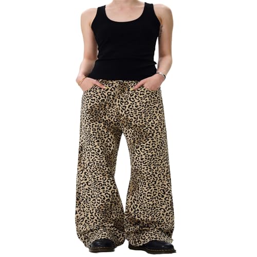 GUOYUXIAO Men's Jeans Retro Leopard-Print Slightly Flared Denim Pants Loose Casual Trouser for Men2