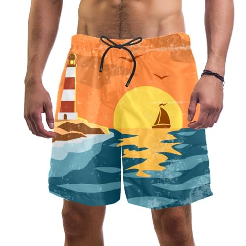 Short de bain homme Phare coucher du soleil, maillot de plage à séchage rapide pour l'été