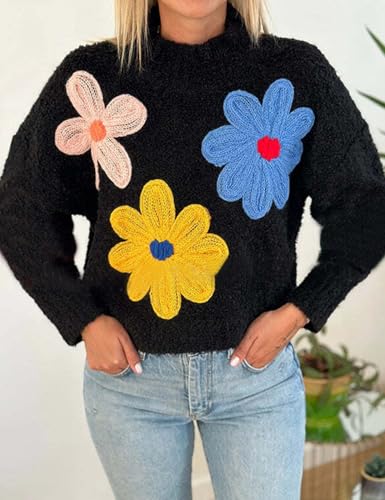 Image of Yimoon Women's Cropped Floral Sweater 2024 Fall Winter Cute Crochet Flower Long Sleeve Knit Pullover Tops(Black-S)