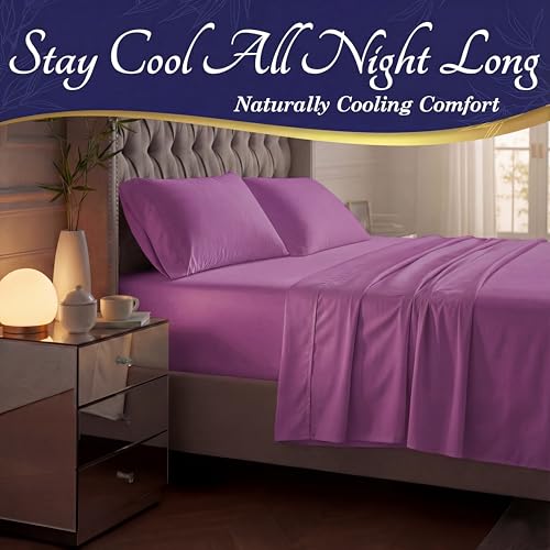 Image of DECOLURE 100% Viscose Derived from Bamboo Sheets Queen Size - Luxury 4 Pc Naturally Cooling Sheets, Ultra Soft Bed Set - Deep 17 inch Pockets, Durable Double Stitching, Oeko Tex Standard (Purple)