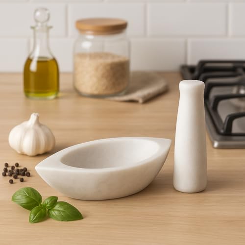 Image of Marble Mortar and Pestle Set Stone Big Size, Kharal, Khalbatta, Kundi, Okhli, Musal, Imamdasta, Silbatta, Idikkalu, Kitchen tool for Grinding Herbs Marble Masher (WHITE, VERY BIG)