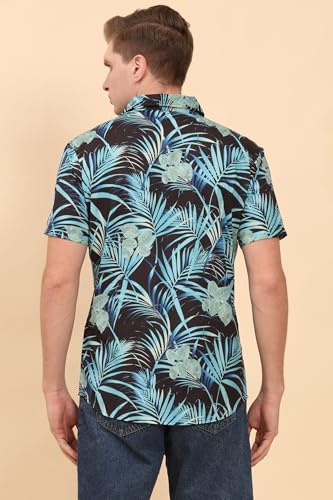 Image of Mens Printed Casual Shirts Short Sleeves Button Down Tropical Shirts (MS1 Black Turquoise XL)