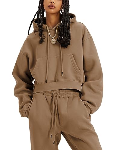 LTSCNRM Women's 2 Piece Airport Outfits Fleece Crop Hoodies Pullover Sweatshirt Sweatsuits Joggers Pants Pockets2