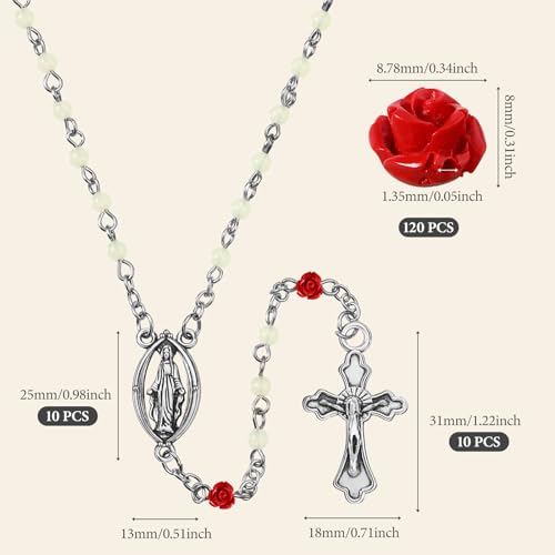 140 Pcs Rosary Making Supplies Carved Rose Beads Flower Beads Kit Cross Centerpiece Crucifix Medal, Silver Jesus Maria Pendant for Bracelet Necklace(Red)