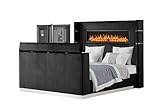 Fireplace Bed Frame - Upholstered Sleigh Bed Frame with Fireplace Display and TV Stand Footboard, Bed Frame Tall Headboard with USB Ports and Silver Metal Base, Box Spring Required (Black, Queen)