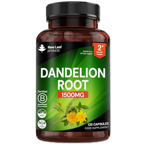 Dandelion Root Capsules - 120 High Strength Vegan Dandelion Root Extract Capsules - Water Retention Tablets, 1500mg Per Serving - 2 Months Supply Made in The UK by New Leaf