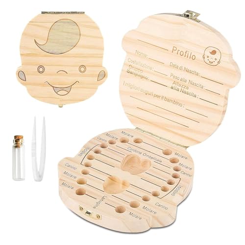 GeekerChip Scatola per Denti da Latte[Ragazzi],Realizzata a Mano in Legno Durevole Denti Box Decidui Salva Ricordi di Ragazzi[Versione Italiana]