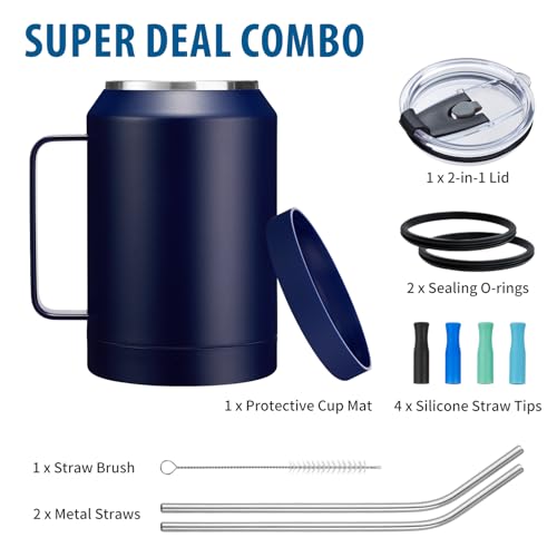 Image of 32 oz Mug Tumbler with Handle and Straw - Large Stainless Steel Coffee Cup with 2-in-1 Lid, Insulated Water Bottle Flask Jug, Metal Thermal Cup Keep Cold 36 hrs, Leakproof Proof BPA-Free