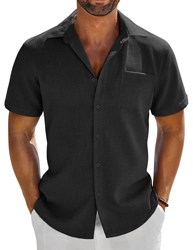COOFANDY Chemise Homme Manches Courtes Coupe Régulière Été Décontractée Vacances Légère Extensible Boutonnée avec Poche Noir XXL