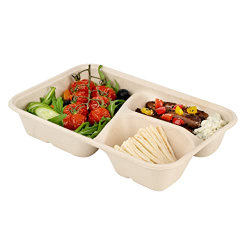 Restaurantware 30 oz Bagasse Take Out Containers, 3 Compartments, 100 Ct