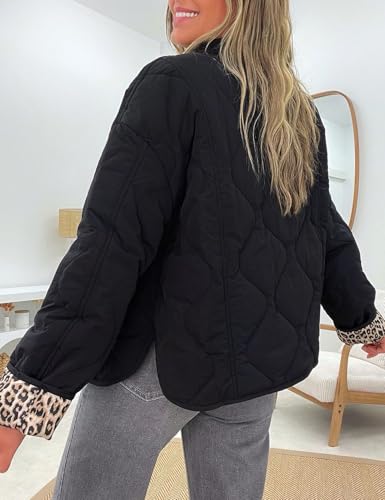Yimoon Women's Oversized Black Lightweight Quilted Jacket with Chic Leopard Lining - Image 3