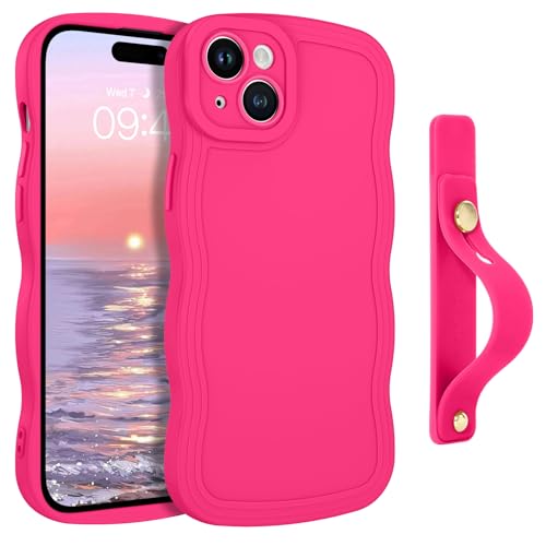 Coque iPhone 15 rose bouclée GUAGUA avec dragonne et support