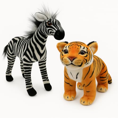 Image of Zebra & Orange Tiger Soft Toy Combo - 30cm Each | Jungle Animal Plush Toy Set for Kids | Cuddly Stuffed Animals for Boys & Girls | Birthday Gift & Nursery Decor