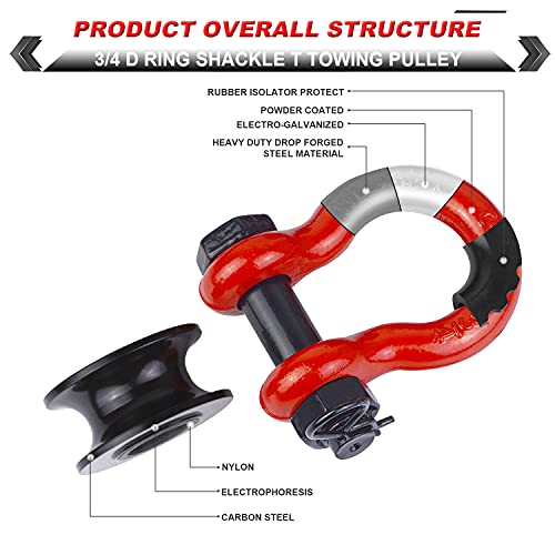 Ambull Upgraded Snatch Block, 3/4" D Ring Shackle (2 Pack) 22,000Lb Break Strength With Towing Pulley, Heavy Duty Offroad Recovery Accessory For Truck, Tractor, Atv & Utv - Red #TOP2