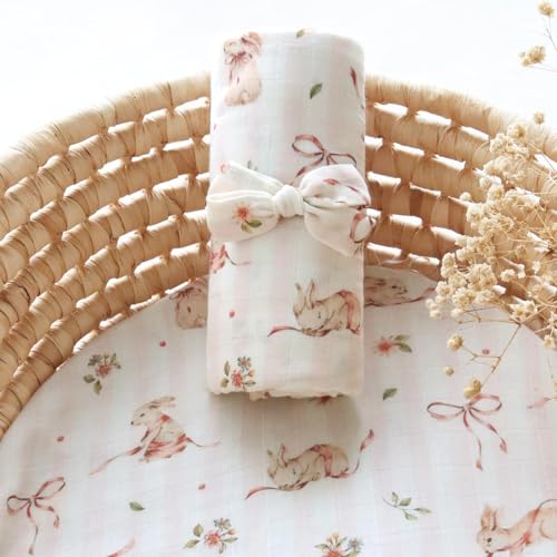 Image of LifeTree Baby Muslin Swaddle Blankets for Boys & Girls, Newborn Swaddle Set with Matching Headband Bow, Infant Blanket Wrap, 47 x 47 inches, Bow Rabbit, 70% Viscose from Bamboo and 30% Cotton