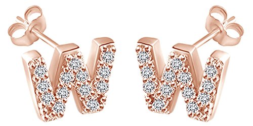 Round Cut White Cubic Zirconia Alphabet A-Z Letter Initial Stud Earrings In 14k Rose Gold Over Sterling Silver