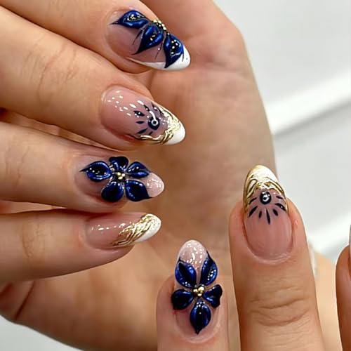 3D Blue Flower Press on Nails Short Almond Fake Nails White Frenc...