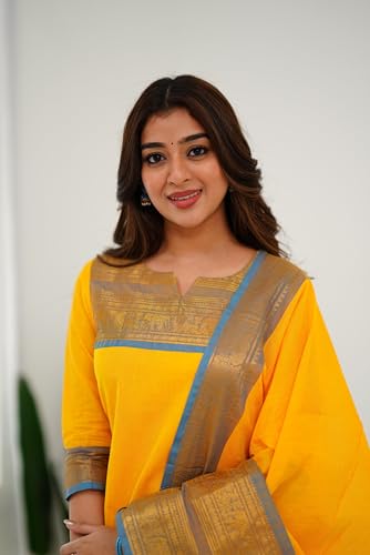 Image of TWINLIGHT Women's Kanchi Cotton Elephant Jaquard Work Kurta and Dupatta Set | V Neck 3 /4 Sleeves Straight Calf Length Kurti with Jaquard Border Work Dupatta | Kurti Set for Women