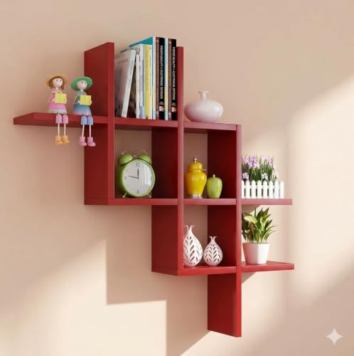Image of Wooden Wall Shelves for Living Room, Kitchen, Hallway, Bedroom, and Bathroom; Wall Mounted Book Shelf; Wall Shelf for Photos and Decorations; Bend Shelve-Red