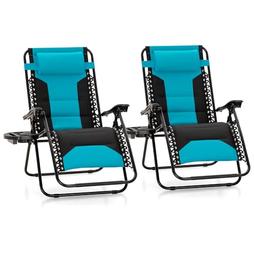 MFSTUDIO Lot de 2 chaises rembourrées Zero Gravity inclinables avec coussins réglables et porte-gobelet pour piscine, jardin, supporte 181,4 kg (bleu...