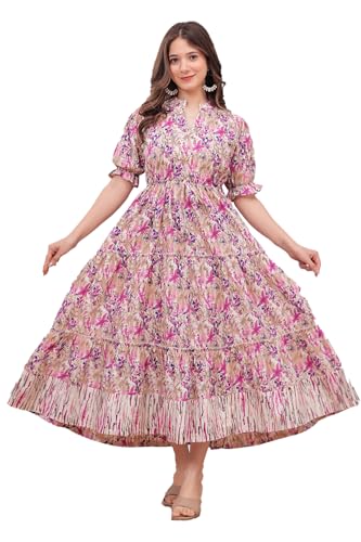 Image of Monique Brand Women's /Girls Cotton Kurta for Women Floral Printed Regular Fit Anarkali Kurta ||Floral Flared Western Dress