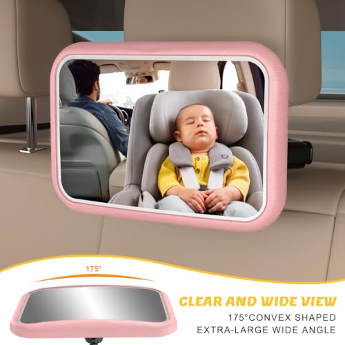 Image of Baby Car Mirror with Light, Pink | 7 RGB Light Rear Facing Car Seat Mirror for Baby with Remote Control Rechargeable 360 Rotation Hook Clip Design Wide View