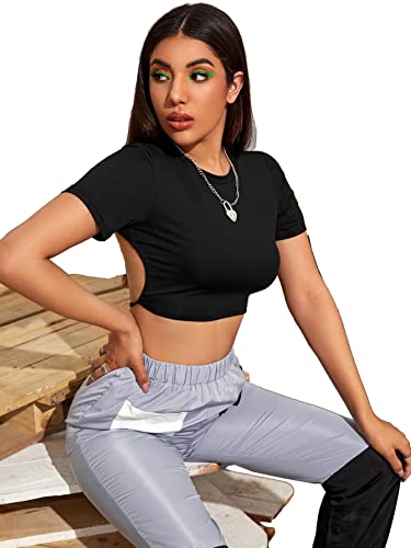 Image of Aahwan Solid Tie Back Cut Out Slim Fit Crop Top for Women's & Girls'