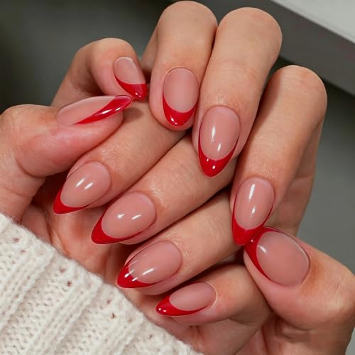 KQueenest Red French Tip Press On Nails Short Almond, 30 Pcs Pres...