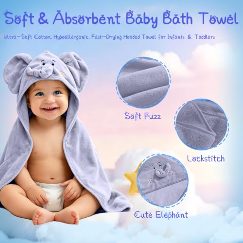 Image of Hooded Baby Towel- Large Baby Towel with Hood(31.5 x 31.5 Inch), Natural toddler towels,Ultra Soft and Absorbent Coral Velvet Coral Fleece Bath Towel for Infants, Newborns, Toddlers (Elephant - Blue)