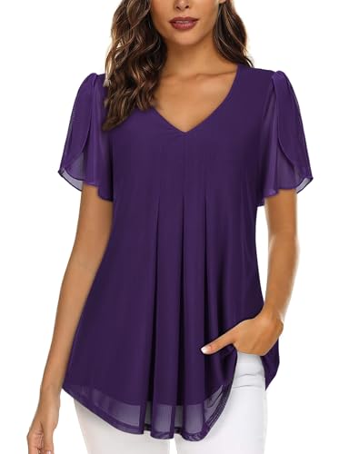 ACDAY Blusas para mujer, cuello en V, pétalos, manga corta, gasa, de doble capa, de malla, tipo túnica, camisas casuales, Deep Purple, M