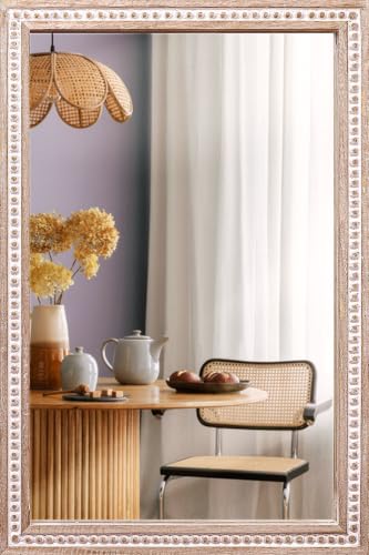 Image of Wooden Bathroom Wall Mirror, 36x24x1.25 inch Solid Wooden frame, White Antique | Rustic Solid Wood Vanity Mirror, Farmhouse Decorative Mirror for Home, Vertical & Horizontal Hanging, Wood Finish