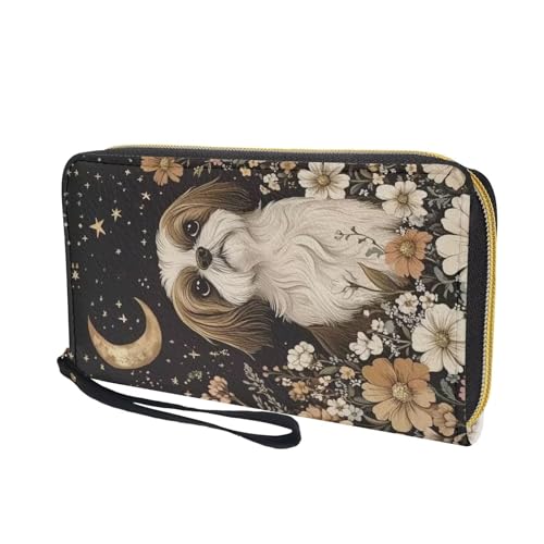 Womens Cute Wristlet Wallet Shih Tzu Dog Moon Print Soft Leather Zipper Long Purse RFID Blocking Card Holder Clutch Organizer3