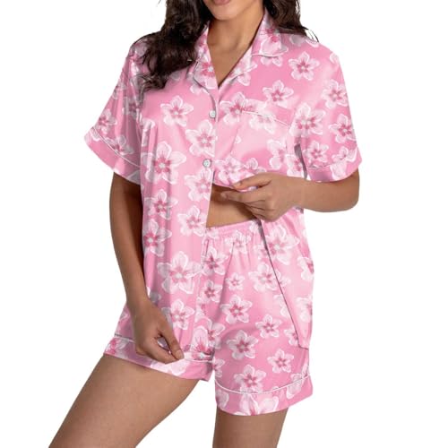 Conjunto de pijama de Navidad para mujer, estampado casual, manga corta, con botones, pantalones cortos elegantes, Rosa., XL