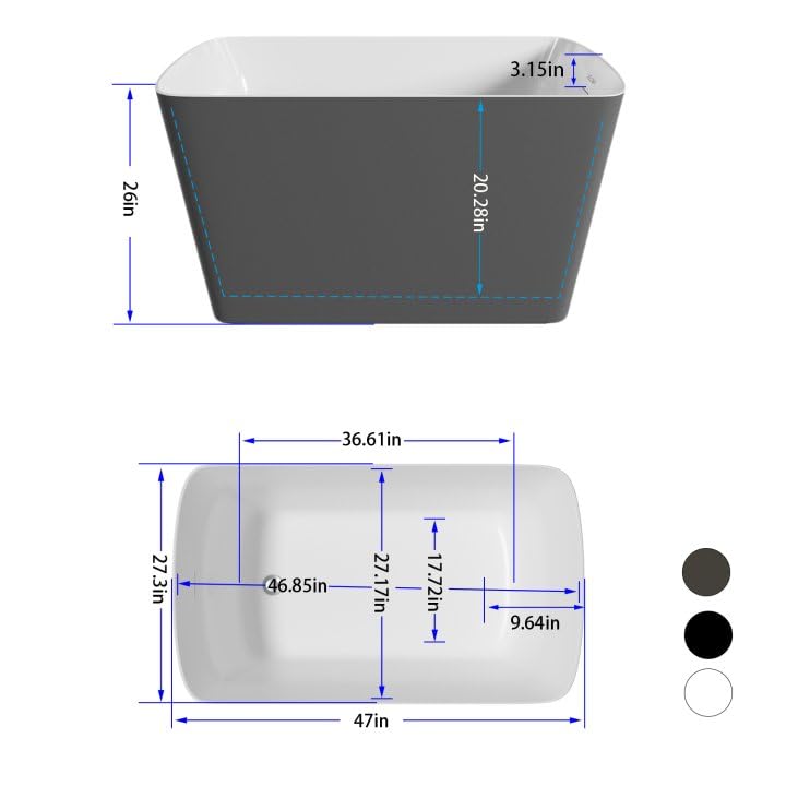 Image of 47 inch Lucite Acrylic Freestanding Bathtub,Square Shape Janpanese Soaking Tub,Toe-tap Chrome Right Drain, Slotted Overflow, cUPC Certified,Glossy 37Gray