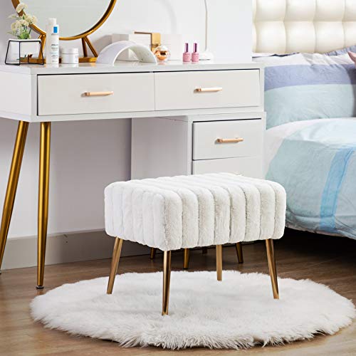 Duhome Modern Faux Fur Ottoman Bench Tufted Footrest Vanity Chair Makeup Chair Vanity Stool for Bedroom Living Room Kids\' Room White - Thumbnail 2