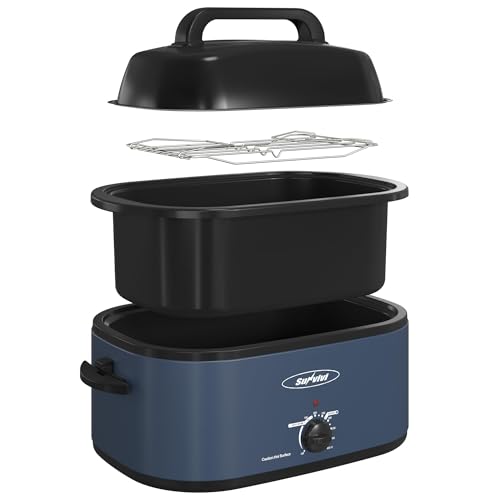 Sunvivi 28 Quart Electric Roaster Oven Turkey Roaster with Lid Electric Roasters with Removable Pan Large Roaster,Visible & Self-basting Lid, Fast Heating & Thaw/warming Setting,Dark Blue