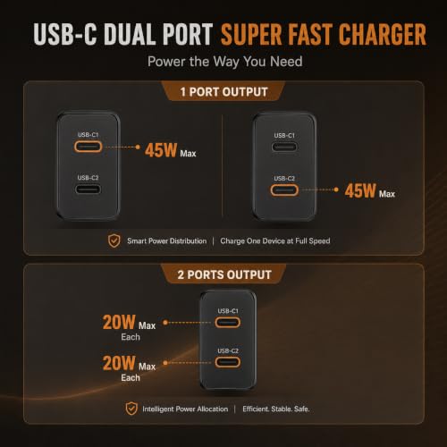Image of 45W 3Pack Black Super Fast Charger USB C Dual Port Charger Type C Fast Charging Block with 60W [3FT+6FT+10FT] USB C to USB C Charger Cord for Galaxy S26 /S25 /S24,for iphone 17 /16 /15,for iPad and More