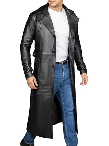 Jild Vintage Classic Leather Trench Coat Men - Full Length Duster Overcoat Lambskin Leather Long Coats for Men