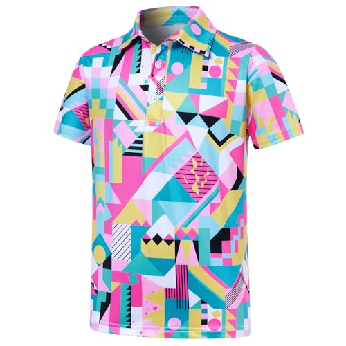 uideazone Boy's Polo Shirts Neon Performance Golf Shirt Short Sleeve 80s 90s Colorful Geometry Polos Summer School Uniform Size 9-10
