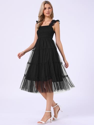 Image of Allegra K Women's Summer Midi Tulle Dress Sleeveless Smocked Square Neck Tiered Ruffled Wedding Guest Dress